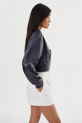 Faux Leather Cropped Bomber Jacket Midnight