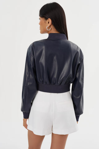 Faux Leather Cropped Bomber Jacket Midnight