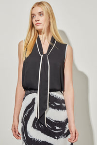 Tie-Neck Tank - Contrast Trim Crepe de Chine