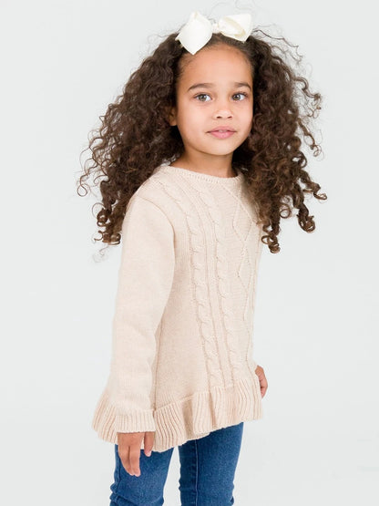 Heather Oatmeal Ruffle Hem Cable Knit Sweater