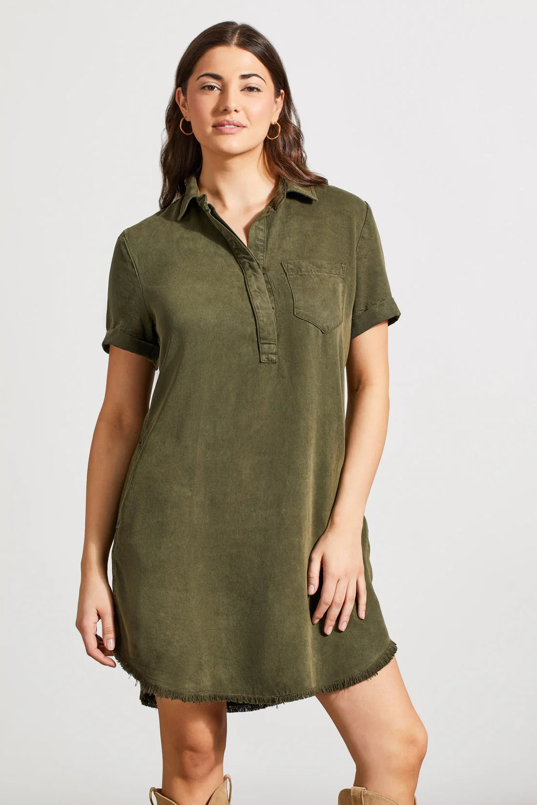 Pocketed Soft Touch Olive Shirtdress