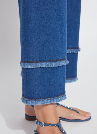 Fringe Hi Waist Wide Leg Crop Denim Mid Wash