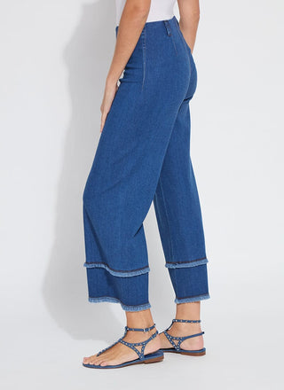 Fringe Hi Waist Wide Leg Crop Denim Mid Wash