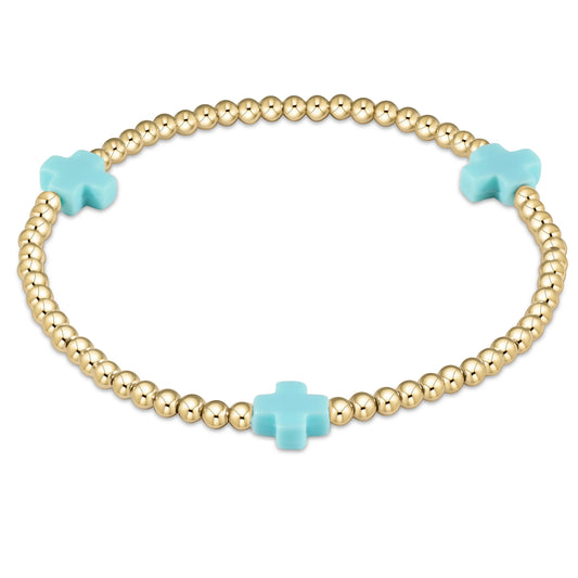 Signature Cross Gold Pattern 3mm Bead Bracelet Coral Turquoise