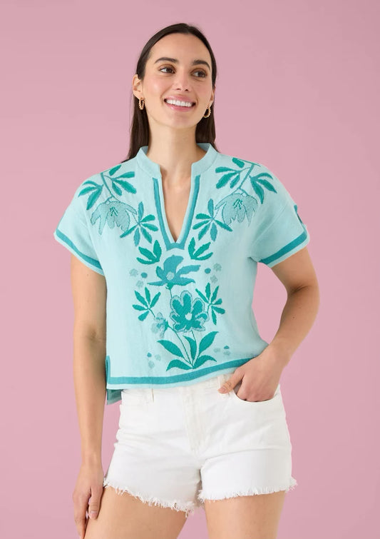 Ella Top Mint Palmetto Floral Jacquard