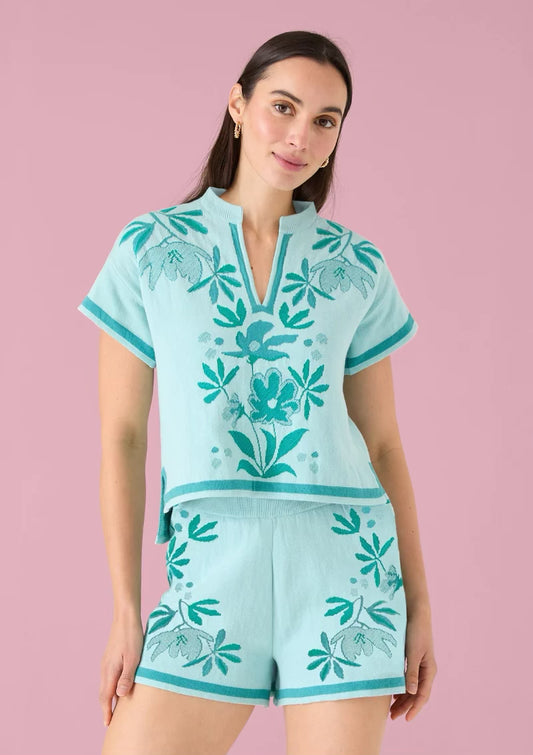 Ella Top Mint Palmetto Floral Jacquard