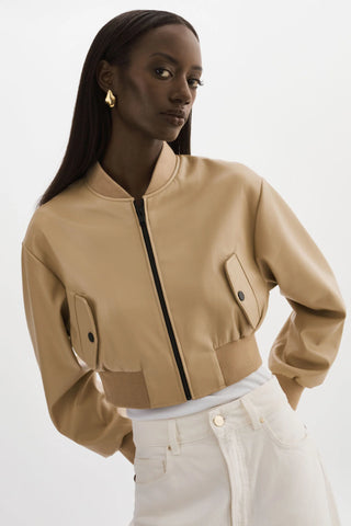 Evelin Faux Leather Cropped Bomber Jacket Wheat
