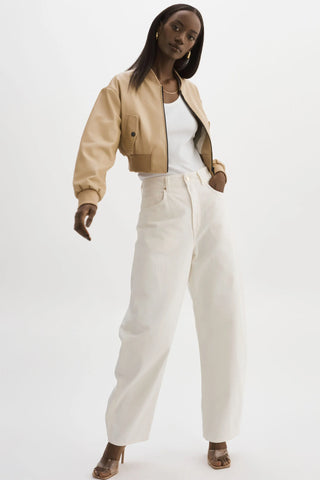 Evelin Faux Leather Cropped Bomber Jacket Wheat