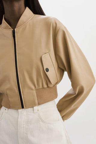 Evelin Faux Leather Cropped Bomber Jacket Wheat