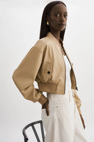 Evelin Faux Leather Cropped Bomber Jacket Wheat