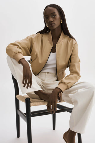 Evelin Faux Leather Cropped Bomber Jacket Wheat
