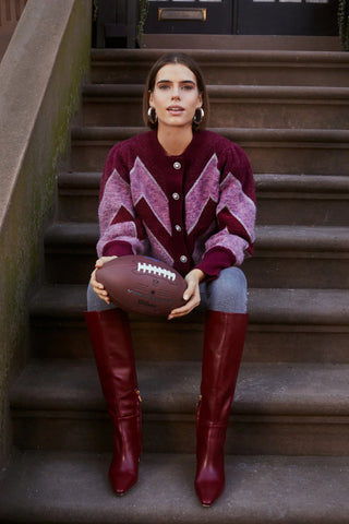 Fuzzy Chevron Cardigan Deep Red