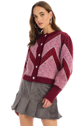 Fuzzy Chevron Cardigan Deep Red