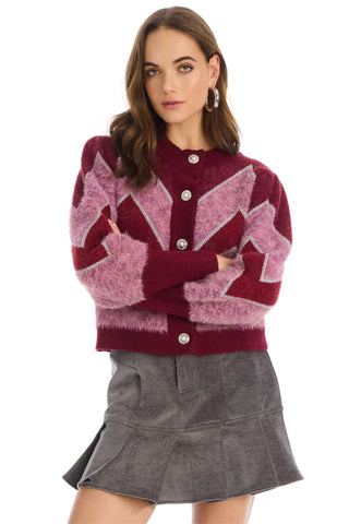 Fuzzy Chevron Cardigan Deep Red