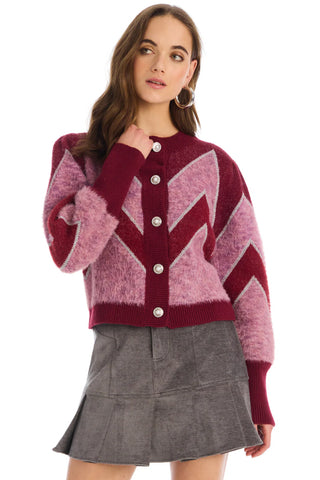 Fuzzy Chevron Cardigan Deep Red