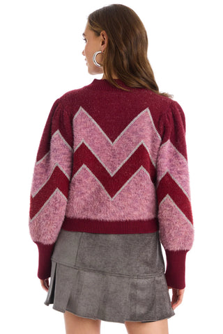 Fuzzy Chevron Cardigan Deep Red