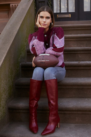 Fuzzy Chevron Cardigan Deep Red