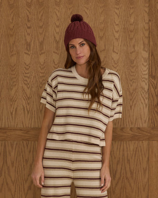Boxy Crop Knit Tee Burgundy Stripe