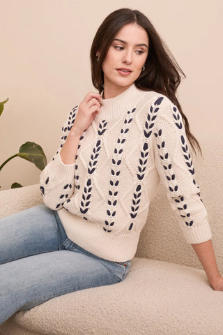 Cable Knit 3/4 Sleeve Mock Neck Sweater Moonstone