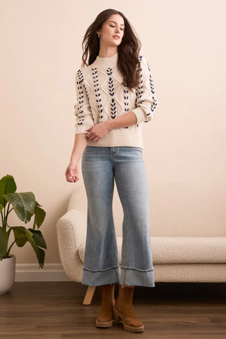 Cable Knit 3/4 Sleeve Mock Neck Sweater Moonstone