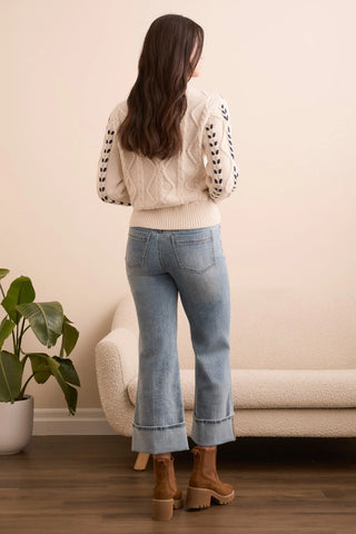 Cable Knit 3/4 Sleeve Mock Neck Sweater Moonstone