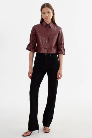 Carolina Leather Ruffle Sleeve Jacket Burgundy