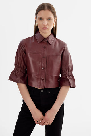 Carolina Leather Ruffle Sleeve Jacket Burgundy