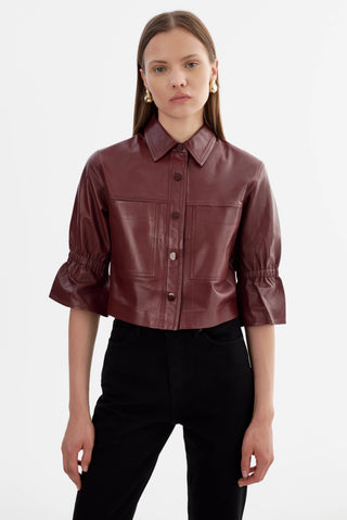 Carolina Leather Ruffle Sleeve Jacket Burgundy