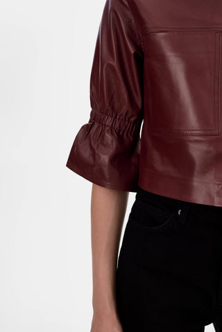 Carolina Leather Ruffle Sleeve Jacket Burgundy