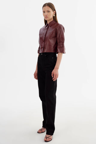 Carolina Leather Ruffle Sleeve Jacket Burgundy