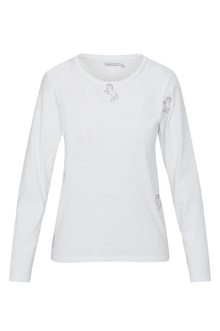 Embroidered Cotton T-Shirt Long Sleeve Horse White