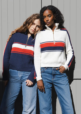 Aspen Quarter Zip Sweater Retro Block Ivory/Red/Navy