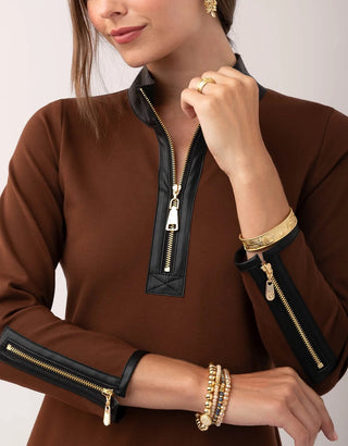 Nora Half Zip Ponte Dress With Vegan Leather Espresso