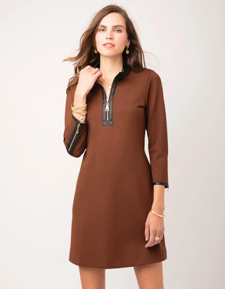 Nora Half Zip Ponte Dress With Vegan Leather Espresso