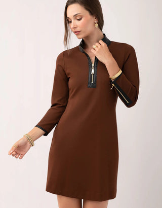Nora Half Zip Ponte Dress With Vegan Leather Espresso