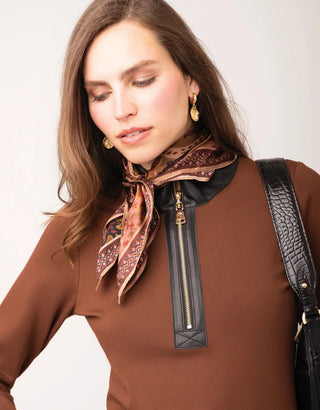 Nora Half Zip Ponte Dress With Vegan Leather Espresso