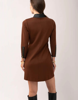 Nora Half Zip Ponte Dress With Vegan Leather Espresso