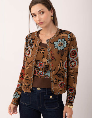 Francesca Jacquard Cardigan Tabby Floral Brown