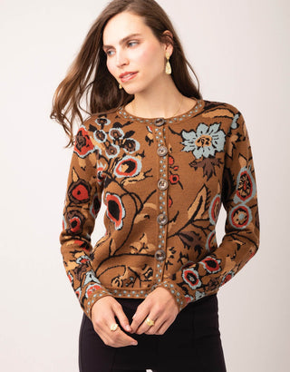 Francesca Jacquard Cardigan Tabby Floral Brown