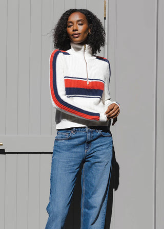 Aspen Quarter Zip Sweater Retro Block Ivory/Red/Navy