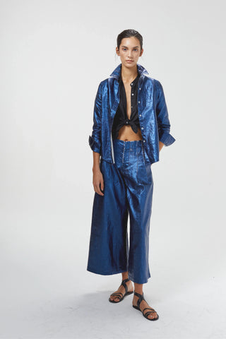 Culotte Metallic Linen Pants Dark Blue