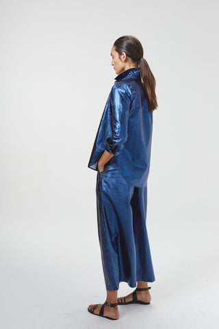 Culotte Metallic Linen Pants Dark Blue