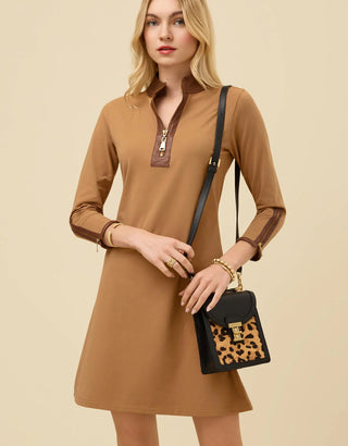 Nora Half Zip Dress With Vegan Leather Brown Sugar