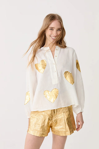 Cupid Linen Shirt Off White with Gold Hearts