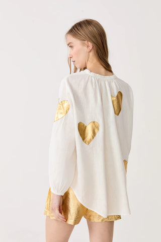 Cupid Linen Shirt Off White with Gold Hearts