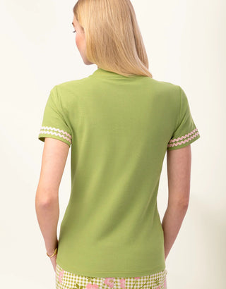 Serena Ric Rac Short Sleeve Zip Top Green Meadow