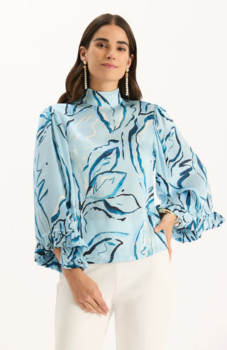 Sarah Charmeuse Mockneck Iced Blue Top