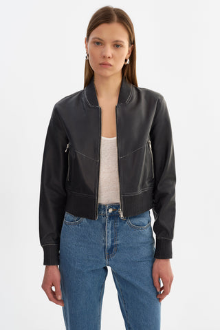 Kordella Reversible Leather Bomber Jacket Charcoal Snake
