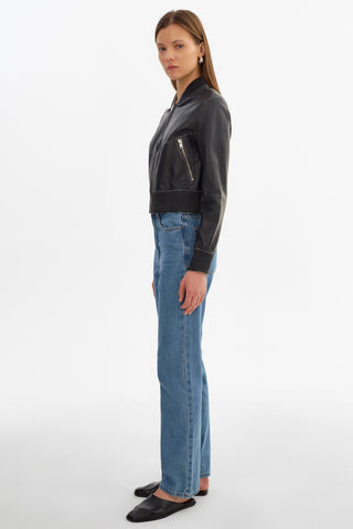 Kordella Reversible Leather Bomber Jacket Charcoal Snake