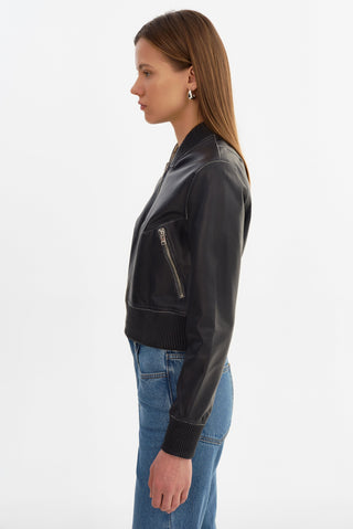 Kordella Reversible Leather Bomber Jacket Charcoal Snake